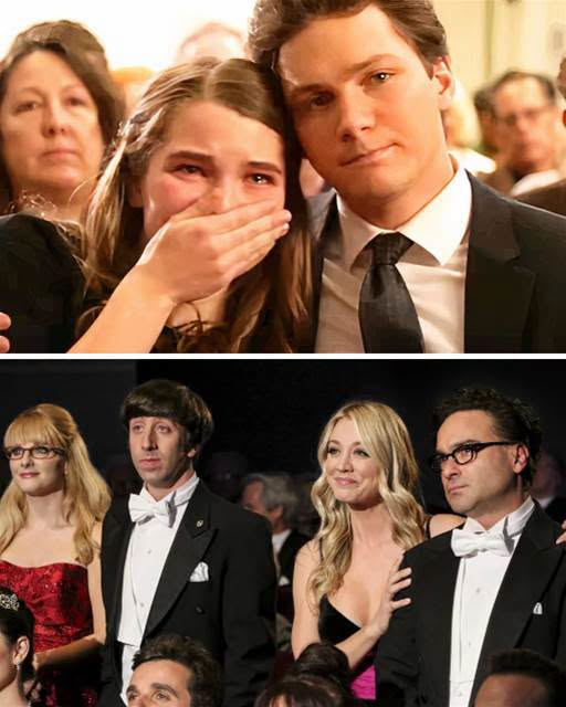 Missy Cooper crying alongside Georgie, and Big Bang Theory friends looking concerned at Nobel ceremony